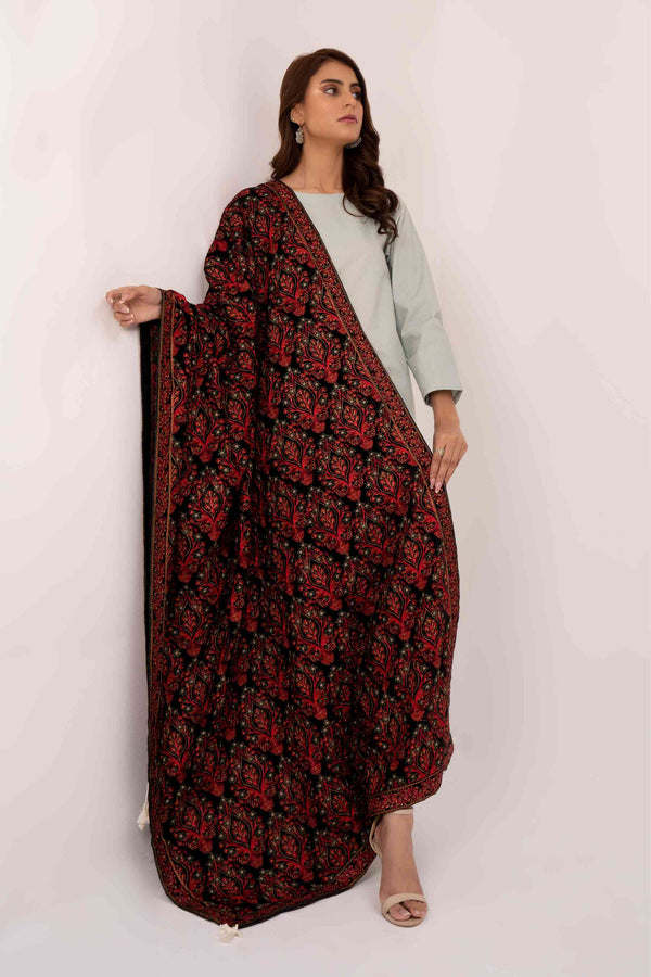 Black Embroidered Karandi Shawl- SHK-671 BLACK