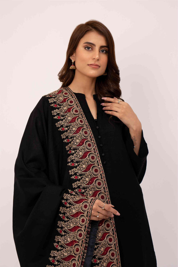 Motif Black Embroidered Karandi Shawl- SHK-646 MOTIF BLACK