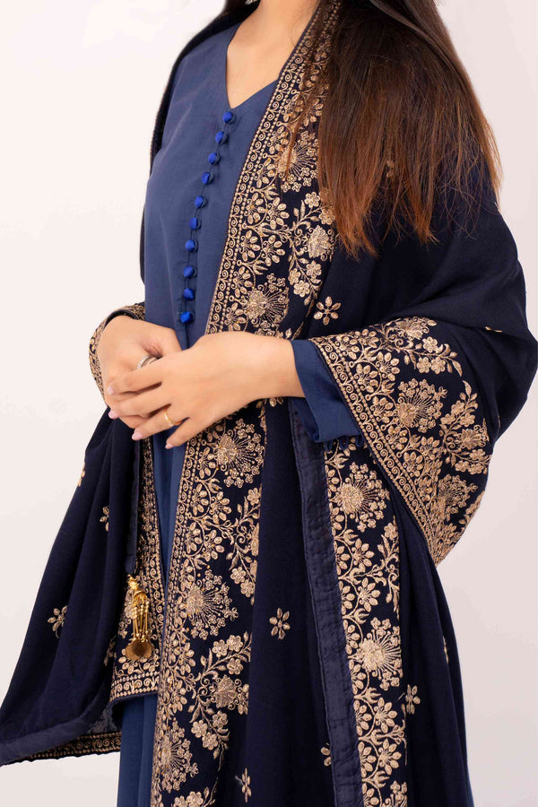 Navy Blue Embroidered Karandi Shawl- SHK-628 NAVY