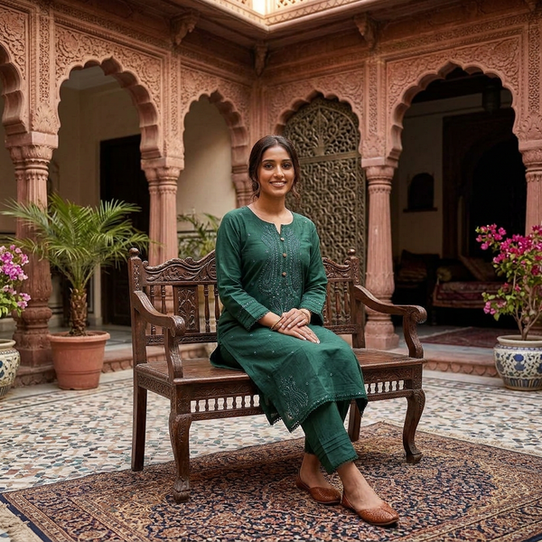 2-Piece Lawn Suit COM-EMB-015 GREEN