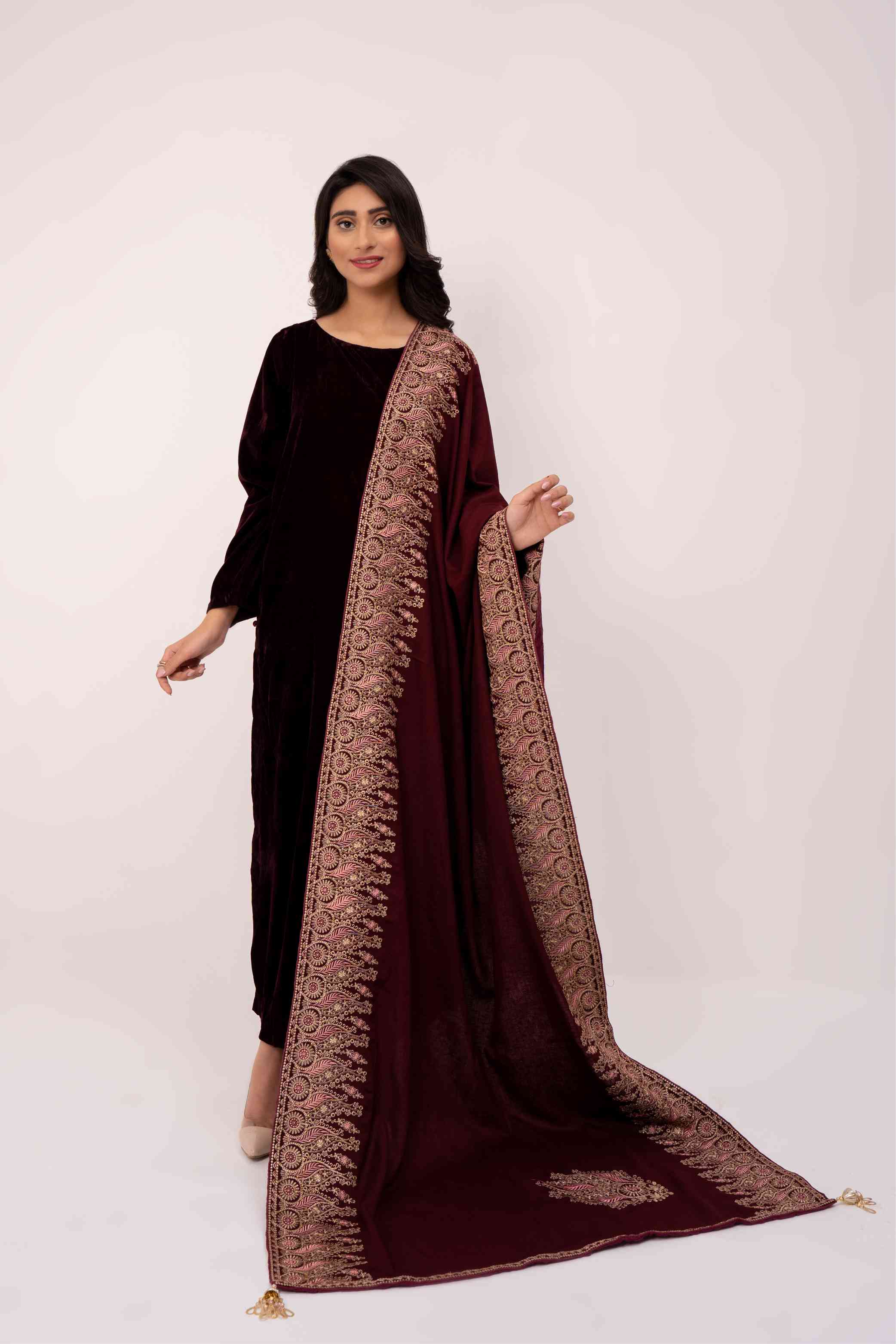 Motif Maroon Embroidered  Karandi Shawl. SHK-646 MOTIF MAROON