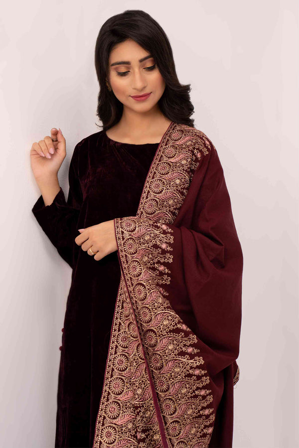 Motif Maroon Embroidered  Karandi Shawl. SHK-646 MOTIF MAROON