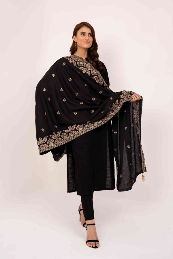 Black Embroidered Karandi Shawl - SHK-628 BLACK