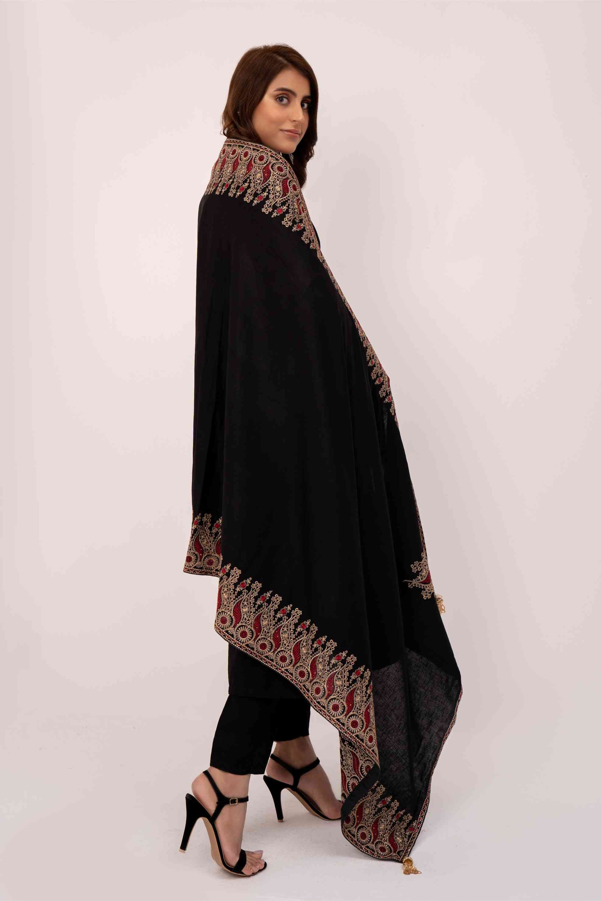 Motif Black Embroidered Karandi Shawl- SHK-646 MOTIF BLACK