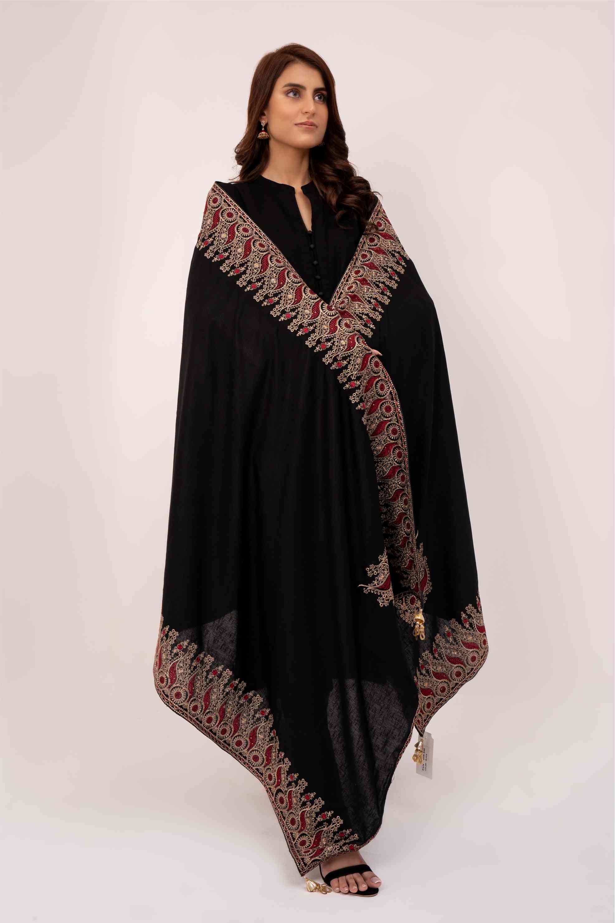 Motif Black Embroidered Karandi Shawl- SHK-646 MOTIF BLACK