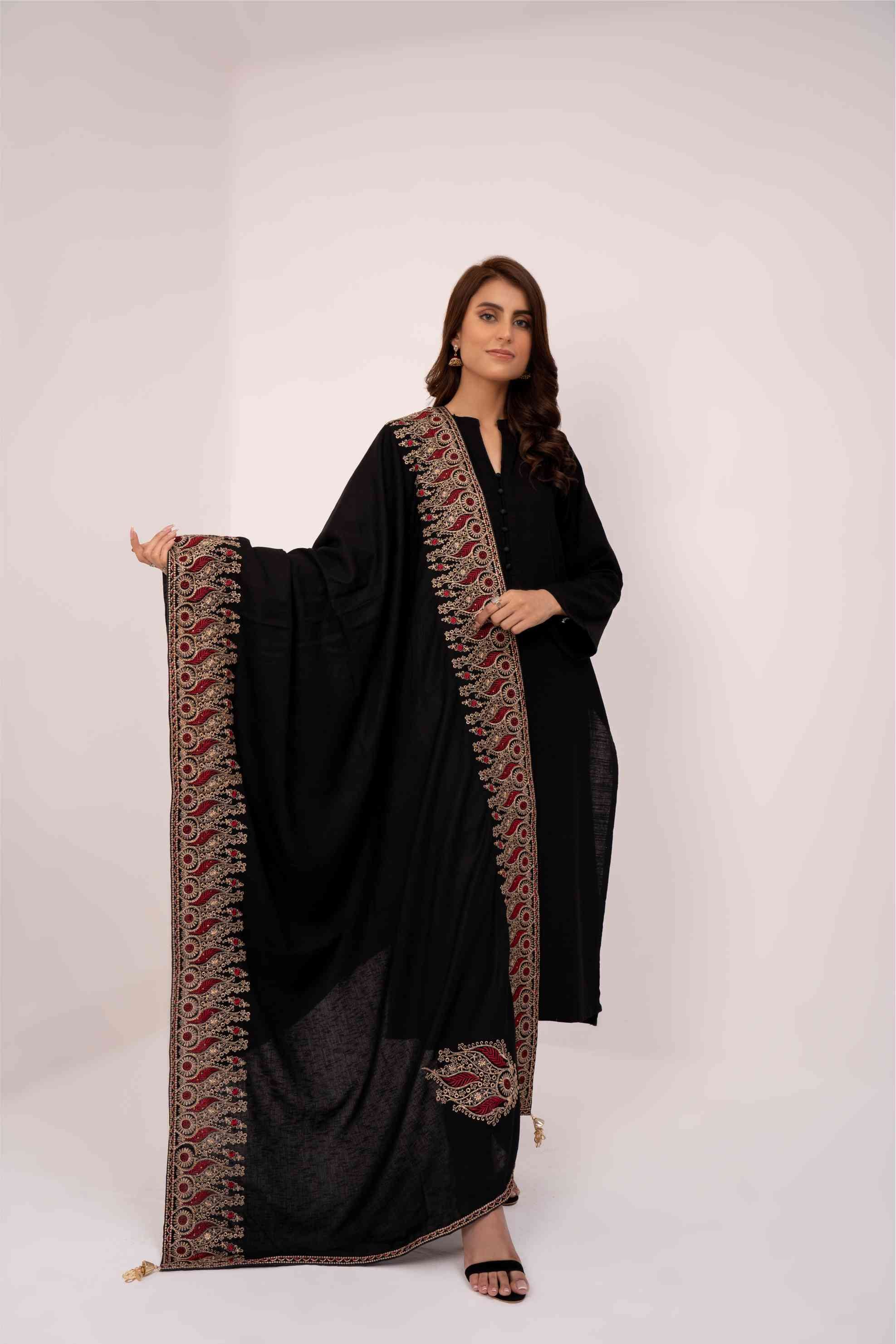 Motif Black Embroidered Karandi Shawl- SHK-646 MOTIF BLACK