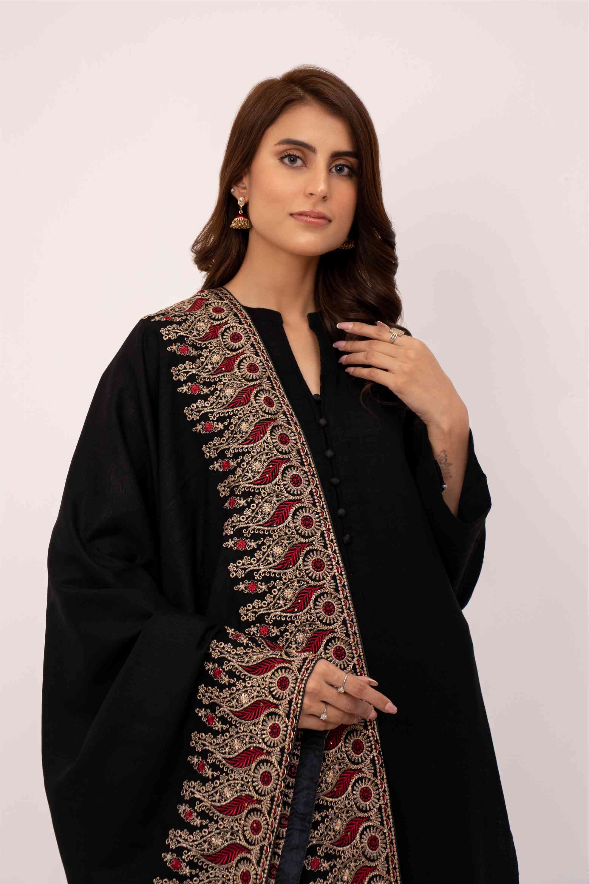 Motif Black Embroidered Karandi Shawl- SHK-646 MOTIF BLACK