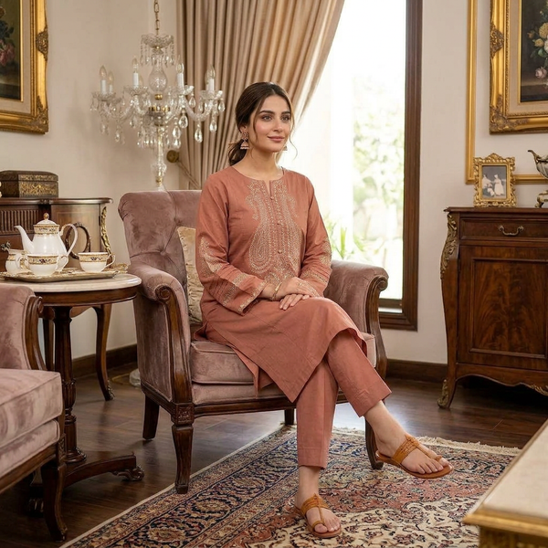 2-Piece Lawn Suit COM-EMB-015 CORAL