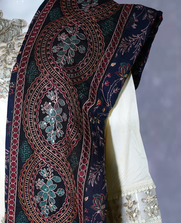 Women Embroidered Karandi Shawl | SHK-819 NAVY & BLACK