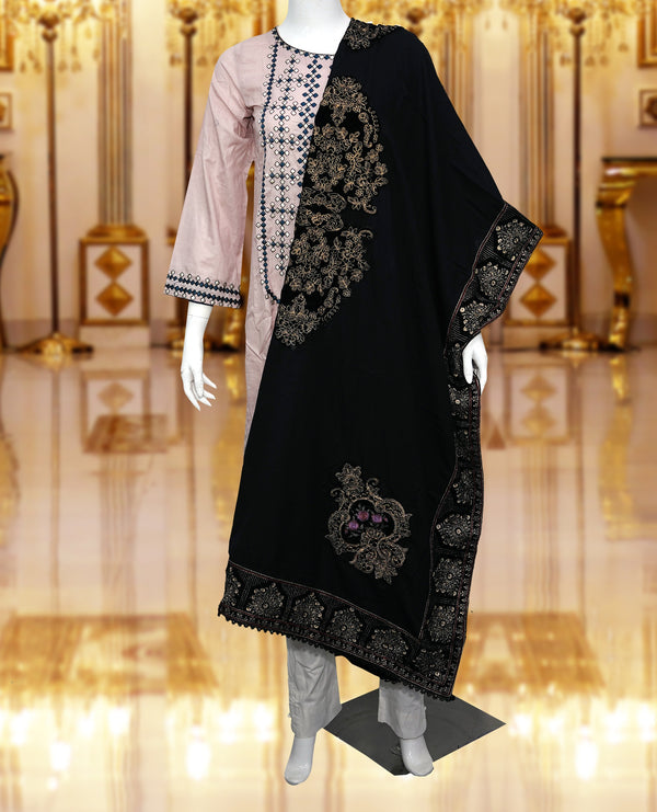 Women Embroidered Karandi Shawl | SHK-793 BLACK