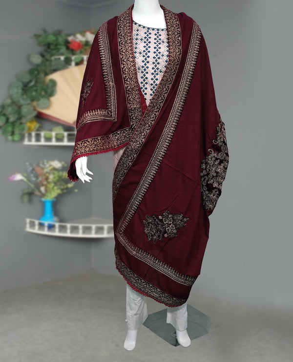 Women Embroidered Karandi Shawl | SHK-794 MAROON