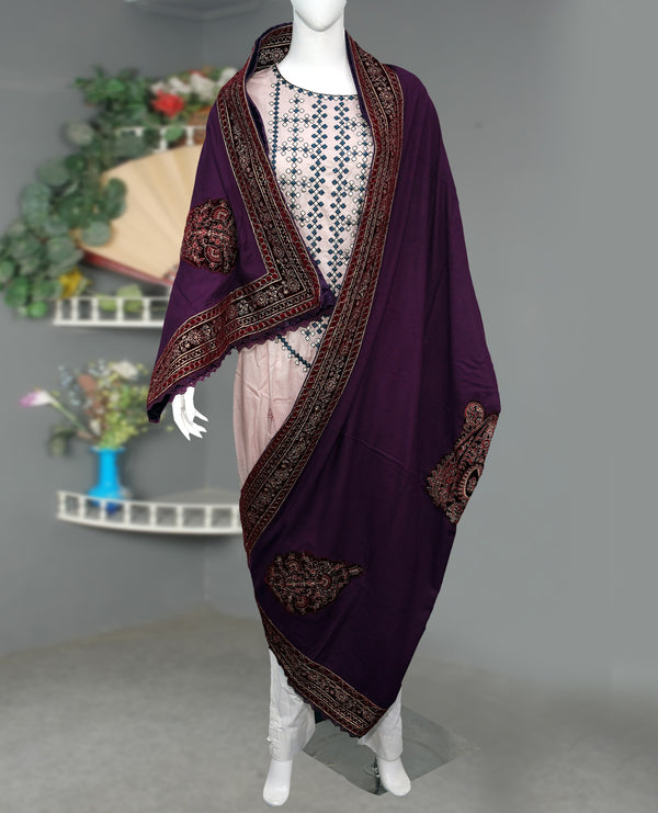 Women Embroidered Karandi Shawl | SHK-804 PURPLE