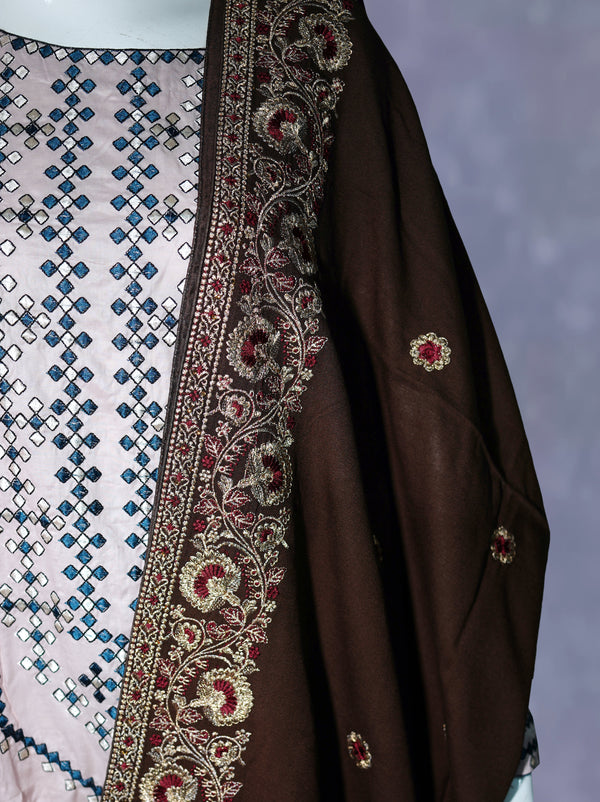 Women Embroidered Karandi Shawl | SHK-741 BROWN